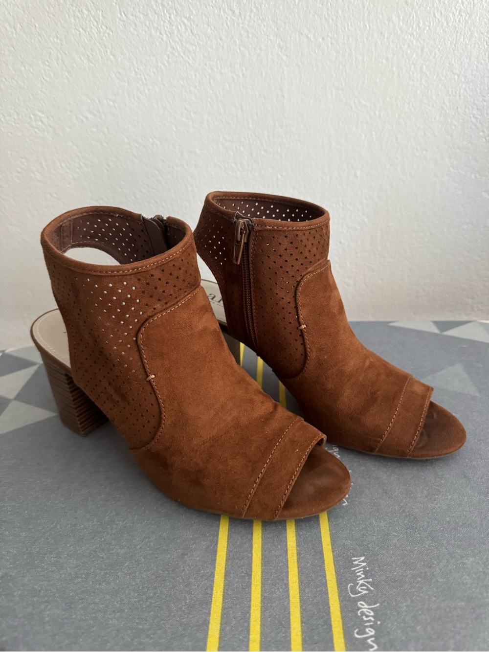 a.n.a Suede Open-Toe Perforated Ankle Booties - Brown